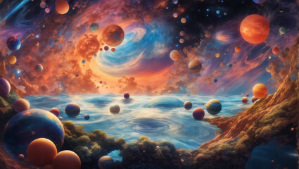 Obraz na płótnie Canvas Journey through a Celestial Realm Graceful Floating Spheres in a Cosmic Tapestry