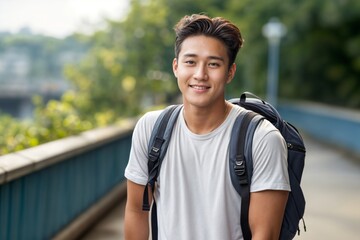 Ein junger asiatischer Mann lächelt in die Kamera. A young Asian man smiles into the camera - obrazy, fototapety, plakaty