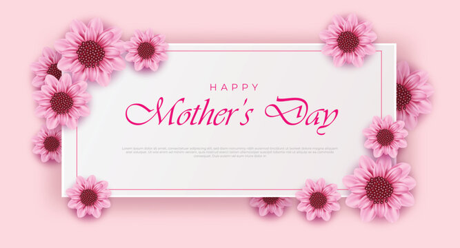 Happy mothers day background with illustrations of 3d flowers and wide white paper