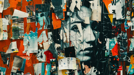Collage of Female Face Amidst Torn Posters on Urban Wall