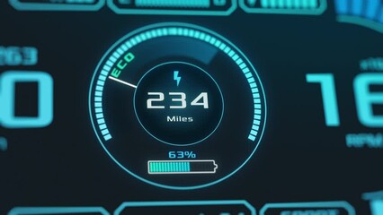 Electric or hybrid car dashboard display, futuristic hud, charging battery, close up (3d render) - Powered by Adobe