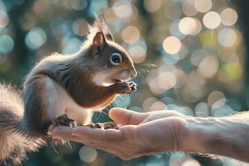 squirrel in nature, close-up eating from a human hand