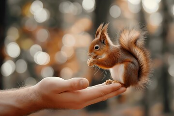 squirrel in nature, close-up eating from a human hand