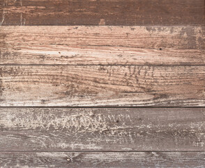 Old grunge dark brown nailed hard wood. Plank horizontal background texture, vintage scratched...