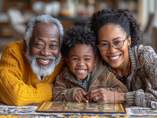 Afroamerican family with mom, son and grandfather - obrazy, fototapety, plakaty