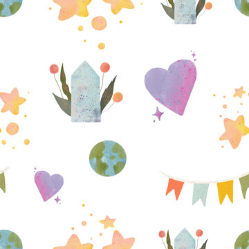 Seamless vector pattern with hand drawn house, heart, stars and garland. Trendy baby texture for fabric textile wallpaper apparel wrapping
