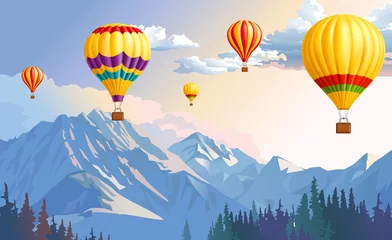 Foto op Canvas 3d wallpaper in the children's room. Mountains. Airplane. Air balloon Wallpaper for the children's room. Pastel colors.  © 3D Wallpaper