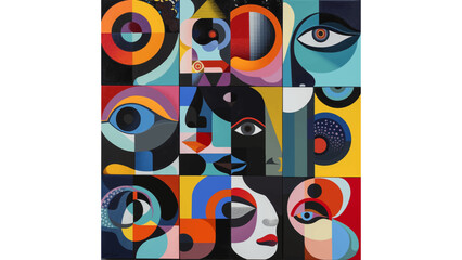 Abstract Geometric Faces Collage: A captivating grid collage of abstract faces, composed of bold geometric shapes and vivid colors that combine to form a visually striking mosaic of human expression