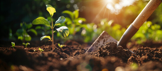 Young Plant Sprouting with Garden Trowel in Soil Under Sunlight - obrazy, fototapety, plakaty