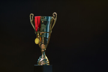 Minimal background image of trophy cup and gold medal with red ribbon against black background copy...