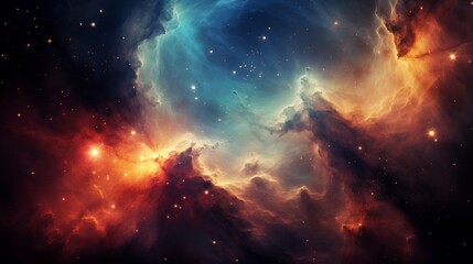 Close-up shot of vibrant nebula with vivid colors and contrasting regions in outer space