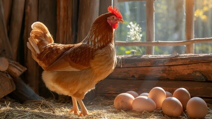 Hen next to eggs in a cozy barn, sun filtering through the window