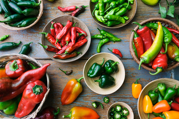 Freshly picked ripe peppers of different varieties, jalapeno, bell pepper, chili, sweet mini...
