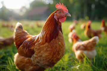  A proud, red hen stands out sharply against a blurred backdrop of a farm and flock