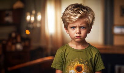 Portrait of a distressed young boy, approximately age 5, with furrowed brow and striking blue eyes, wearing a green sunflower t-shirt, standing indoors with soft lighting in the background - obrazy, fototapety, plakaty