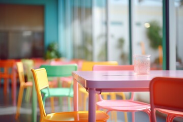 Colorful tables and stools. retro dining setup with formica table and multicolored chairs