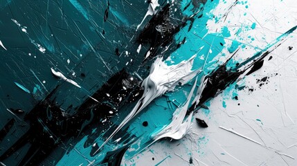 High Relief Digital Art Abstract Background: Turquoise and White Harmony with Black Paint Shards - Wallpaper for the Desktop