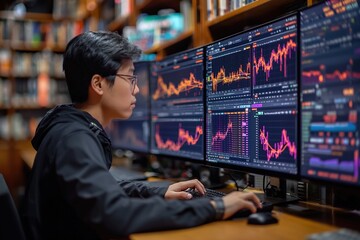 A financial analyst is focused on multiple graph-laden monitors displaying various data analysis and stock market trends