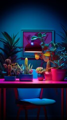 Interior of a modern living room with dark blue walls. A table with many cacti. Vertical orientation - obrazy, fototapety, plakaty