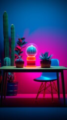 Interior of room with table and many cactuses with blue and pink neon colors. Vertical orientation - obrazy, fototapety, plakaty