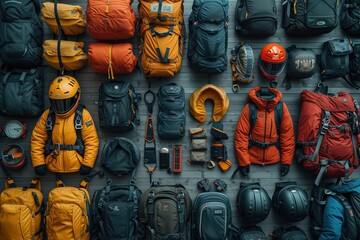 A meticulously organized display of various backpacks and outdoor equipment, showing readiness for adventure - obrazy, fototapety, plakaty