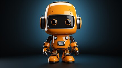 little cute yellow robot on a dark background.modern futuristic baby robot with glowing eyes