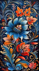 Colorful background for smartphone 9:16, khokhloma with flowers and birds, red, orange, blue 3