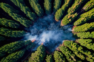 Fire in the forest during a drought, top view from an airplane of trees with blazing fire and smoke. Ecological catastrophe, carbon dioxide emissions