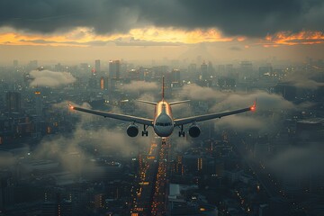 Naklejka premium Passenger airplane. Landscape with white airplane is flying in the orange sky with clouds over the city. Passenger aircraft is landing. Commercial plane. Private jet. Travel