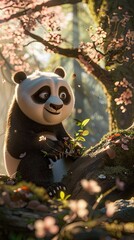 Colorful cartoon background for smartphone 9:16, panda on a tree 4
