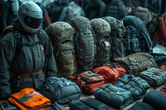A collection of tactical military gear and vests are displayed, signifying preparedness and defense capabilities