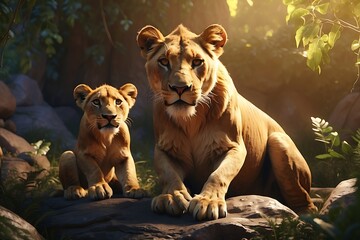 Lioness and her cubs in the zoo. Animal theme.