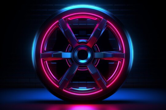pink neon car wheel isolated on a dark background. car wheel circle abstract. titanium neon rims