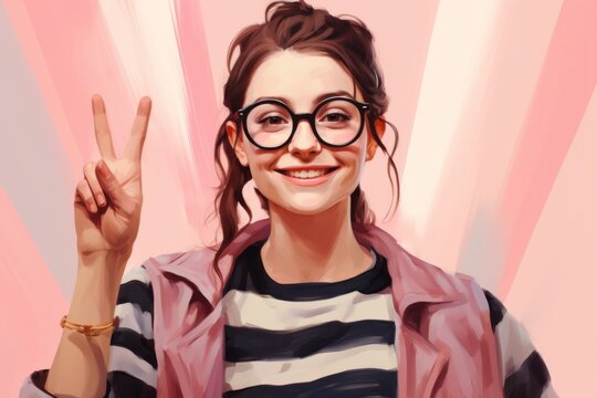 Smiling woman wearing glasses makes v sign isolated on pink background. Woman makes peace sign.
