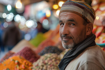Fototapeta premium A simple street market seller in front of his stand stall. Blurred background with bokeh. Created with Generative AI technology.