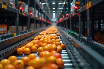 Conveyor belts transport evenly spaced oranges for automated sorting in a food processing facility - obrazy, fototapety, plakaty