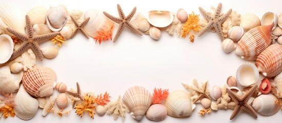 Obraz premium Arrangement of seashells in frame with isolated background.
