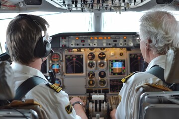 Airline pilots in the cockpit conducting pre-flight checks and briefing - obrazy, fototapety, plakaty
