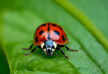 Fototapeta premium Ladybird on green leaf