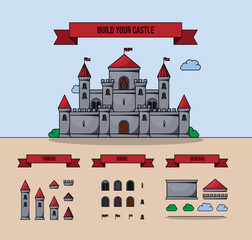 Medieval vector castles icon set. Cartoon fairy tale castle tower icon.