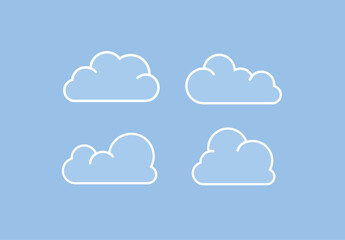 Set of Cloud Icons in modern flat style isolated on blue background.