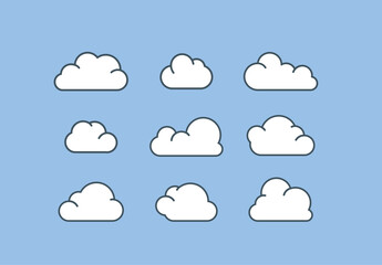 Set of Cloud Icons in modern flat style isolated on blue background.