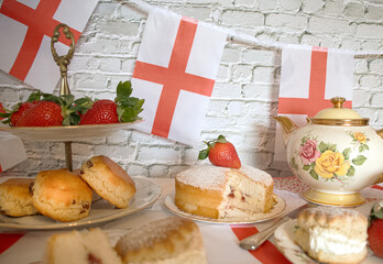 Celebrating St Georges day  England   afternoon team  vintage  victoria  sponge  strawberries and ...