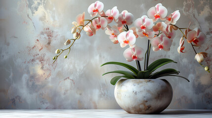 White and pink orchids in a vase on a gray background