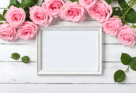Pink rose flowers with empty photo frame.