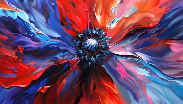 Abstract painting of colorful flower, red and blue colors flowing from center to edges Generative AI