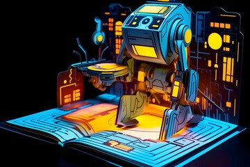 Handcrafted Paper Diorama Featuring a Cute Robot AI in a Glowing Neon-Lit Cyberpunk City