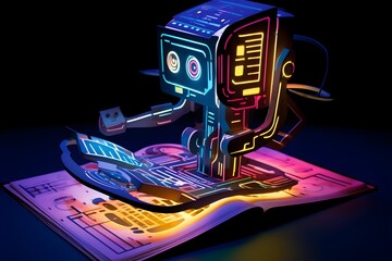 Neon-Lit AI Robot Starring in Its Own Popup Book of Business Innovation