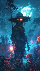On a moonlit farm, a scarecrow equipped with plasma torches stands ready to defend against alien plant threats