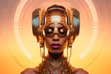 Futuristic African Woman Adorned in Gold Jewelry and Headphones Exuding Afrofuturism and Style